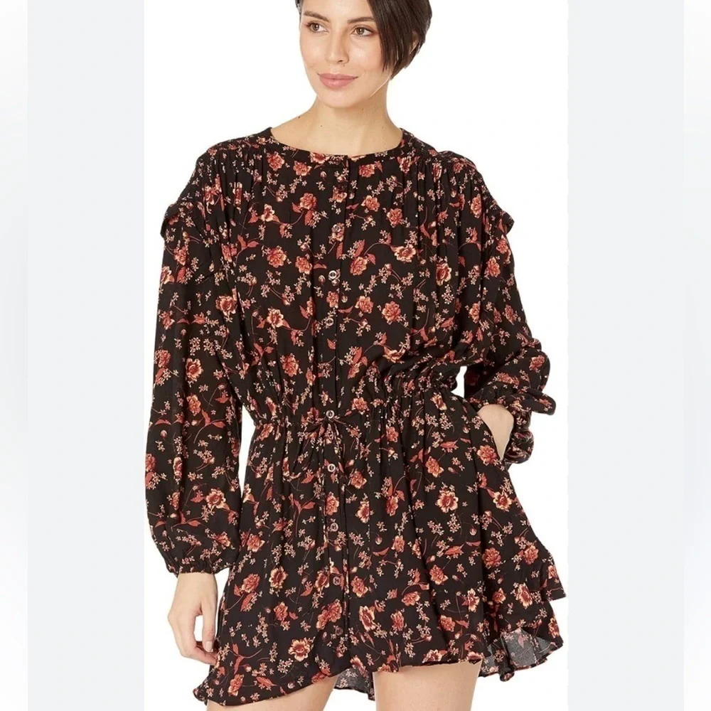 NEW Free People Flower Fields Long Sleeve orange/Black Boho Flowy Mini Dress